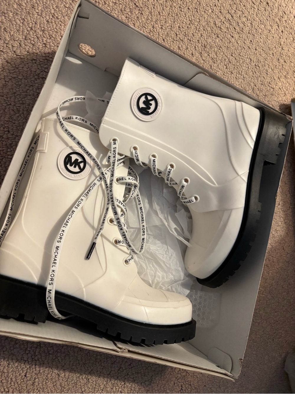 Michael Kors White Lace-Up Combat Boots with Black Lug Sole